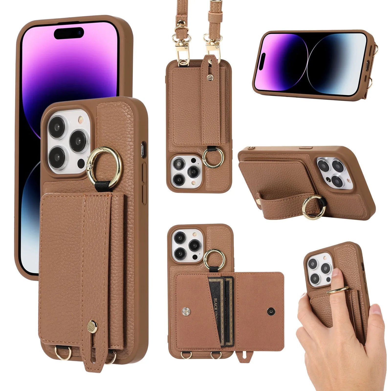 Imitation leather cross-body lanyard phone case with card clamp holder, black colour, compatible with iPhone 14 Pro Max