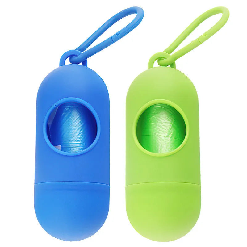 Compact dog poop bag holder with side hook and Velcro base, shown in assorted colours