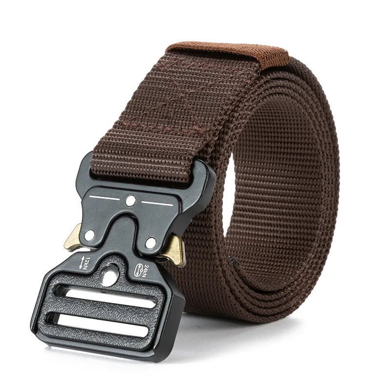 Men's thick canvas tactical belt with alloy release buckle in Army Green colour showing 120cm length.