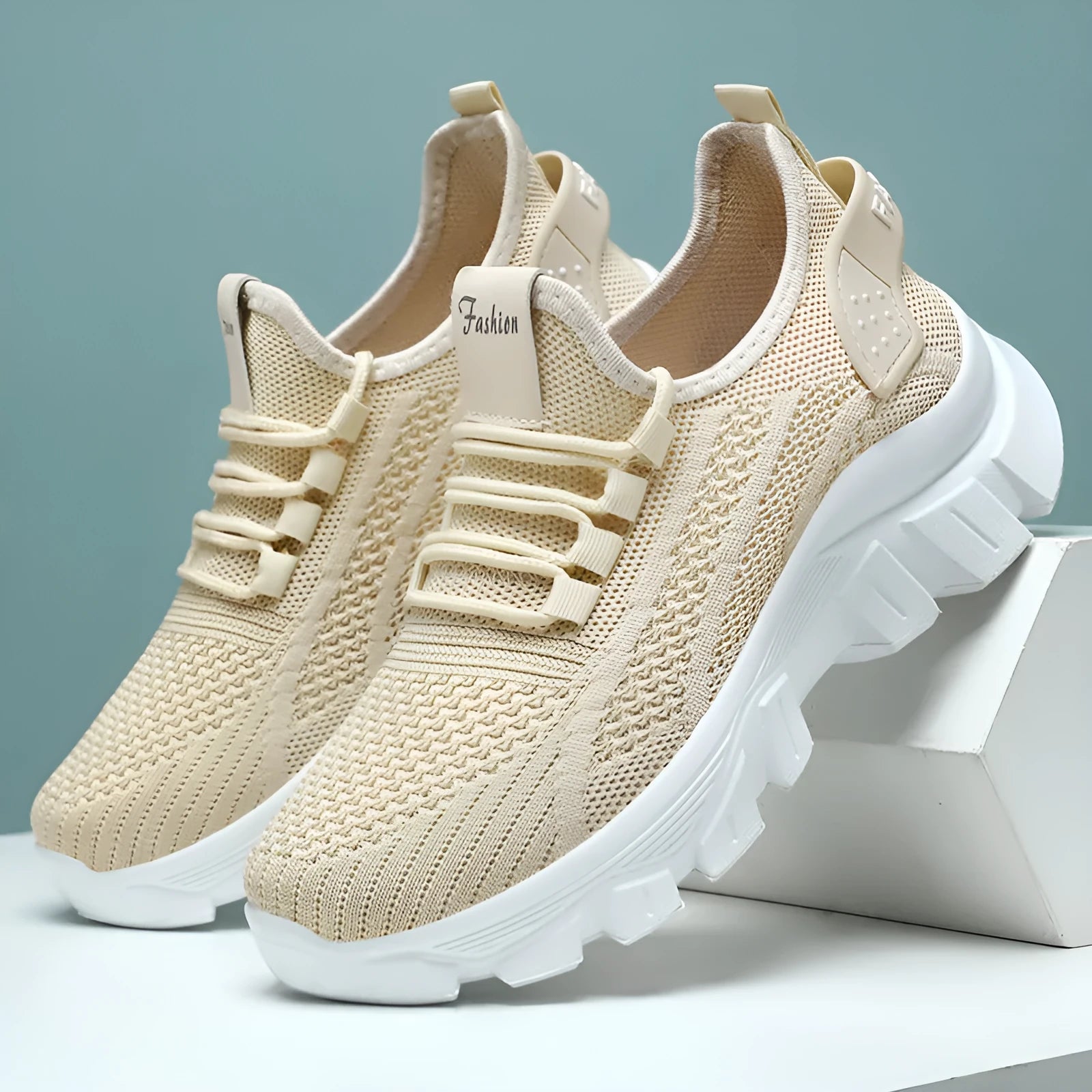 Men's white Flyknit running sneakers with thick PVC sole and lace-up front.