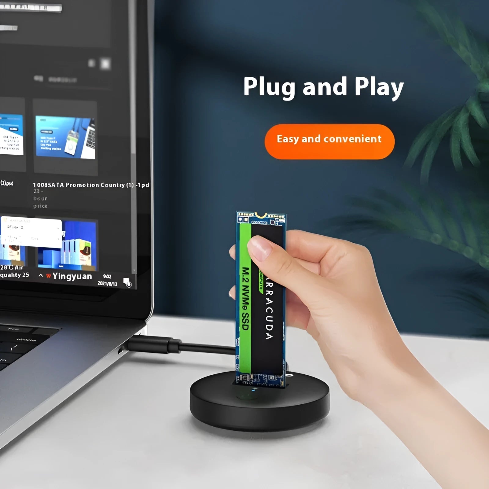Black external NVME solid-state drive enclosure with USB Type-C port