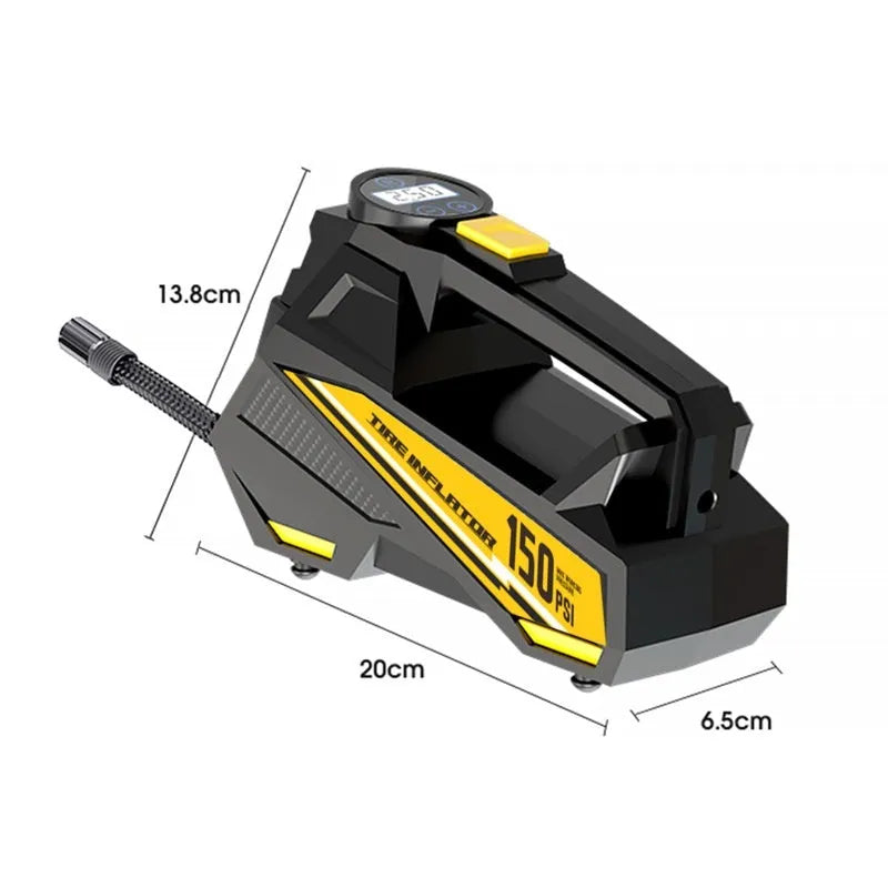 Black portable digital tyre inflator with LCD screen and LED light, connected to a car tyre valve.