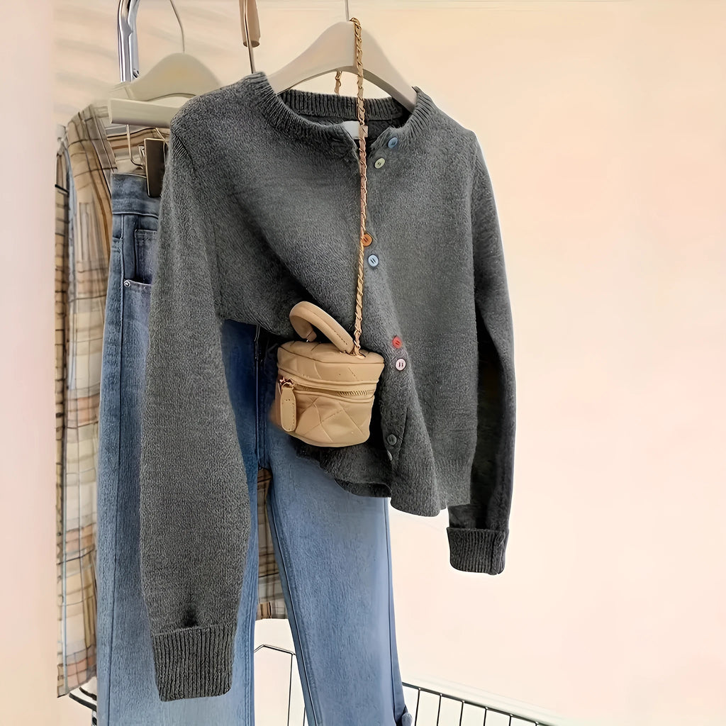 Dark grey women's polyester cardigan sweater with button front and regular sleeves