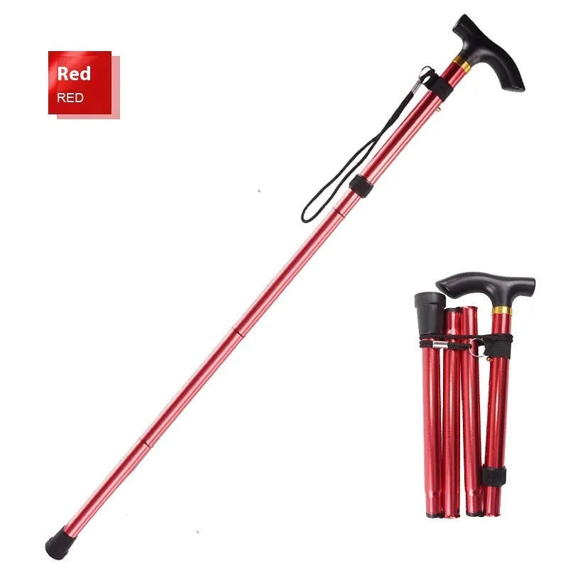 Aluminium alloy folding walking cane extended, showing adjustable sections and non-slip tip.