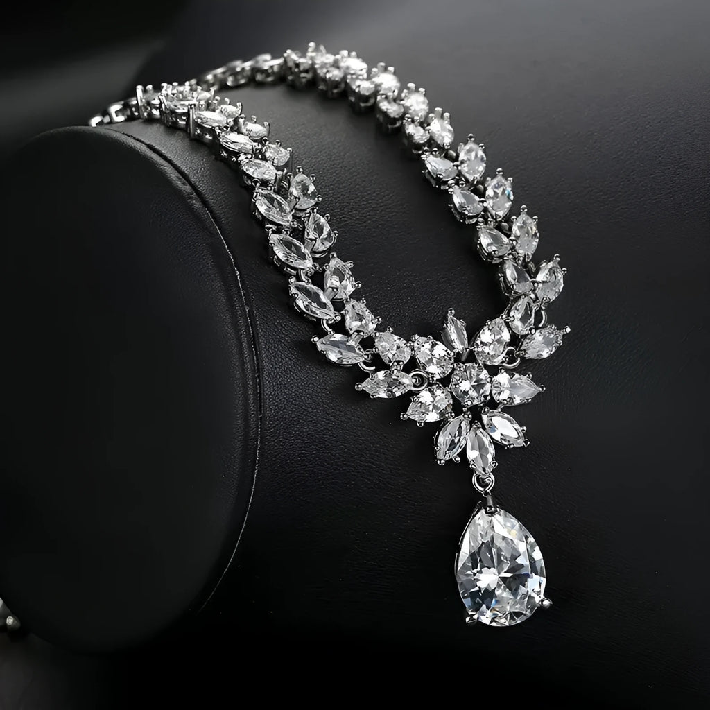 Simulated moissanite pendant necklace and earring set white K gold tone copper base