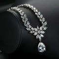 Simulated moissanite pendant necklace and earring set white K gold tone copper base