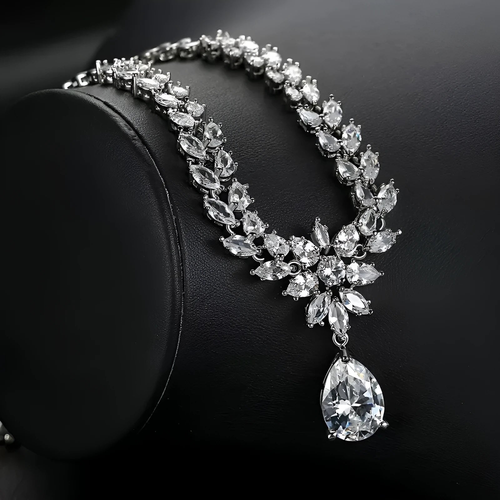 Simulated moissanite pendant necklace and earring set white K gold tone copper base