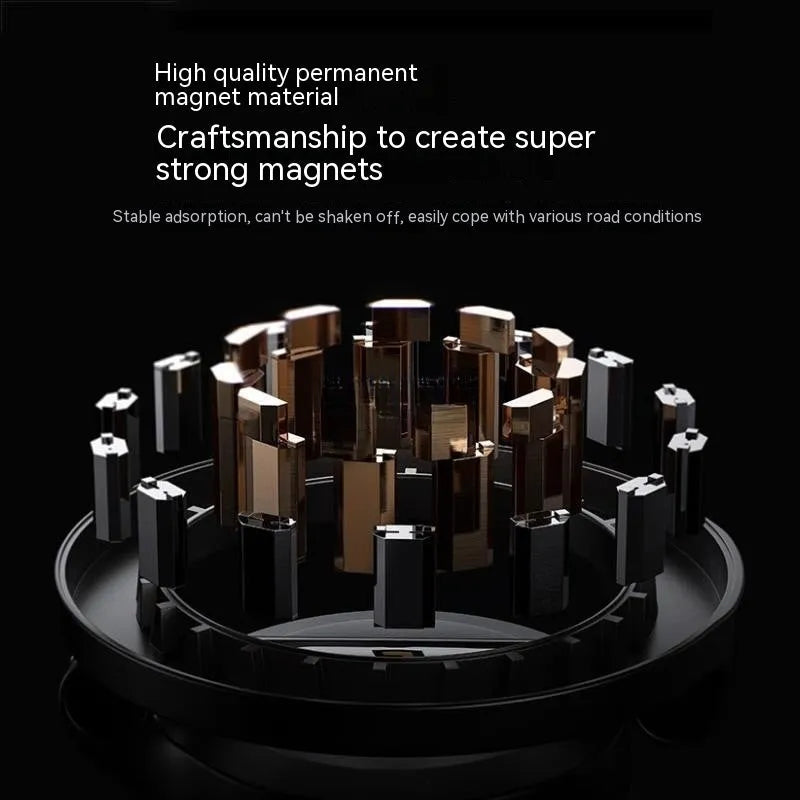All-metal magnetic car phone mount in Qian Colour, shown folded and open on a dashboard.