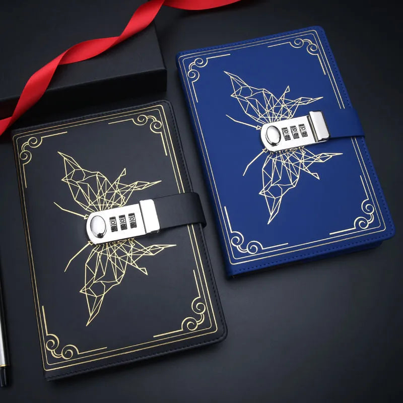 Retro butterfly PU notebook with password lock in black, A5 size