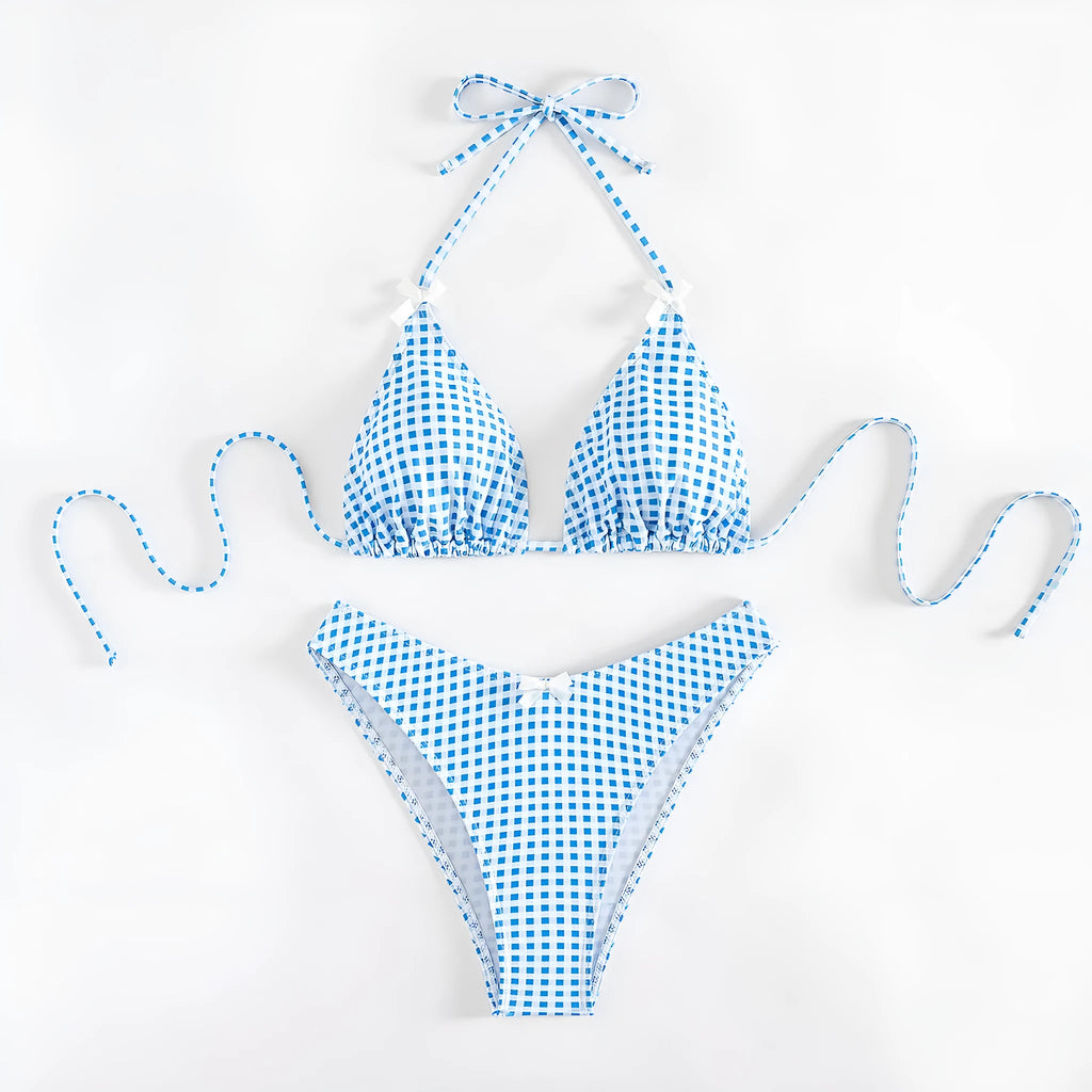 Women's plaid banded bikini swimsuit set with top and briefs in polyester