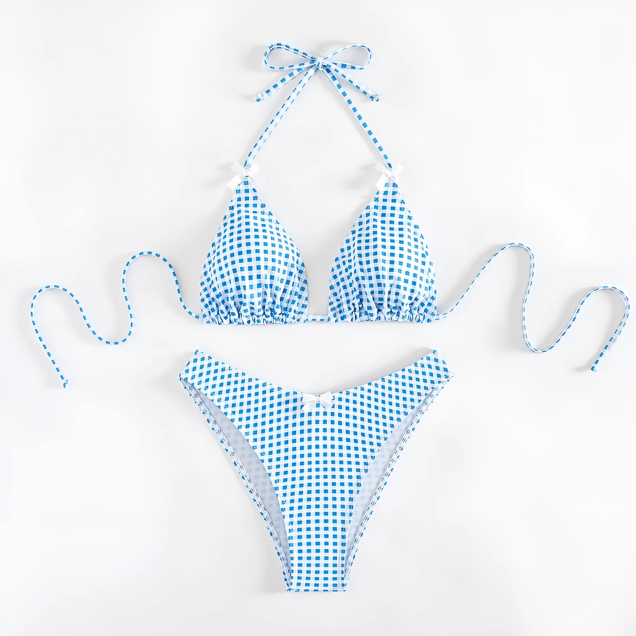Women's plaid banded bikini swimsuit set with top and briefs in polyester