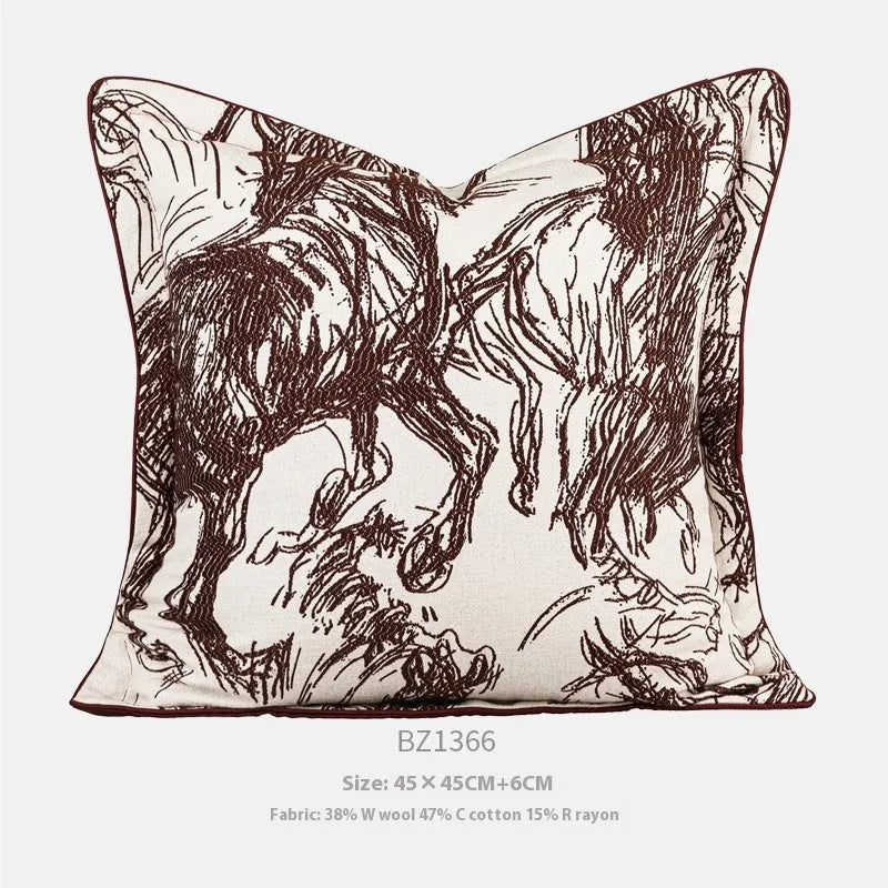 Abstract golden horse design decorative jacquard cushion on a grey sofa.
