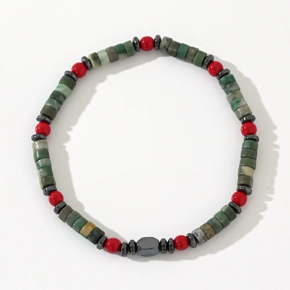 Bohemian style men's bracelet with cylindrical semi-precious stone beads on a hand-woven string.