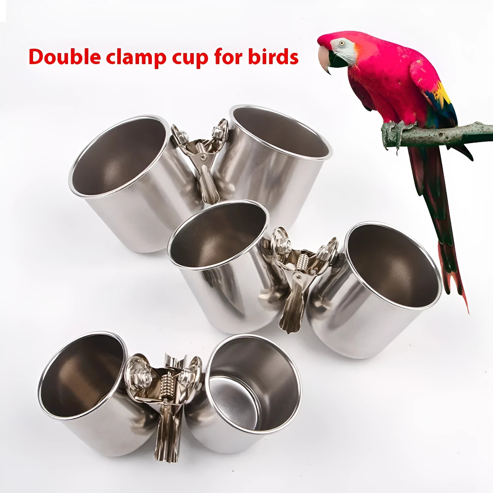 Stainless steel birdcage feeder in natural colour, shown in three sizes: small, medium, and large.