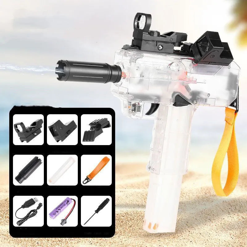 Uzi electric burst water gun toy with transparent plastic body showing internal components, in blue colour