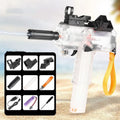 Uzi electric burst water gun toy with transparent plastic body showing internal components, in blue colour