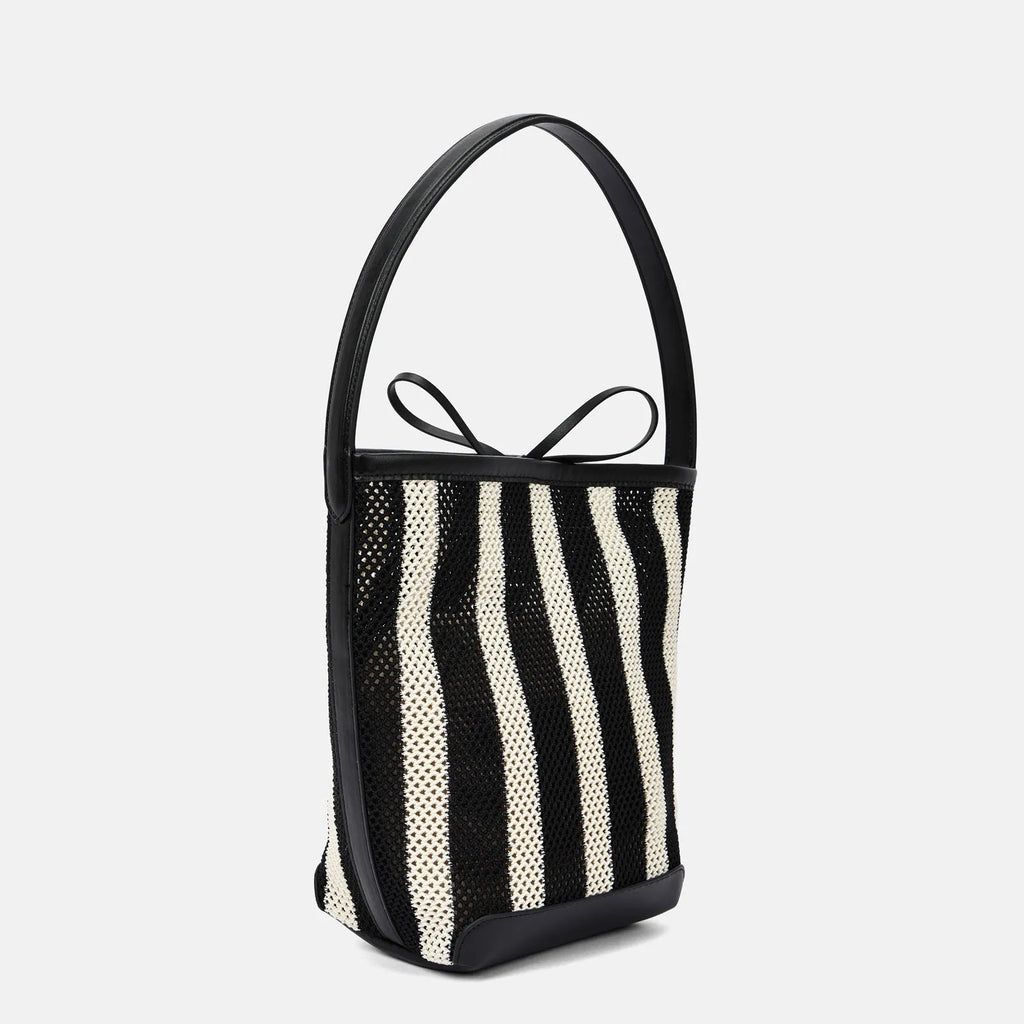 Black and white striped woven fabric women's bucket shoulder bag showing dimensions