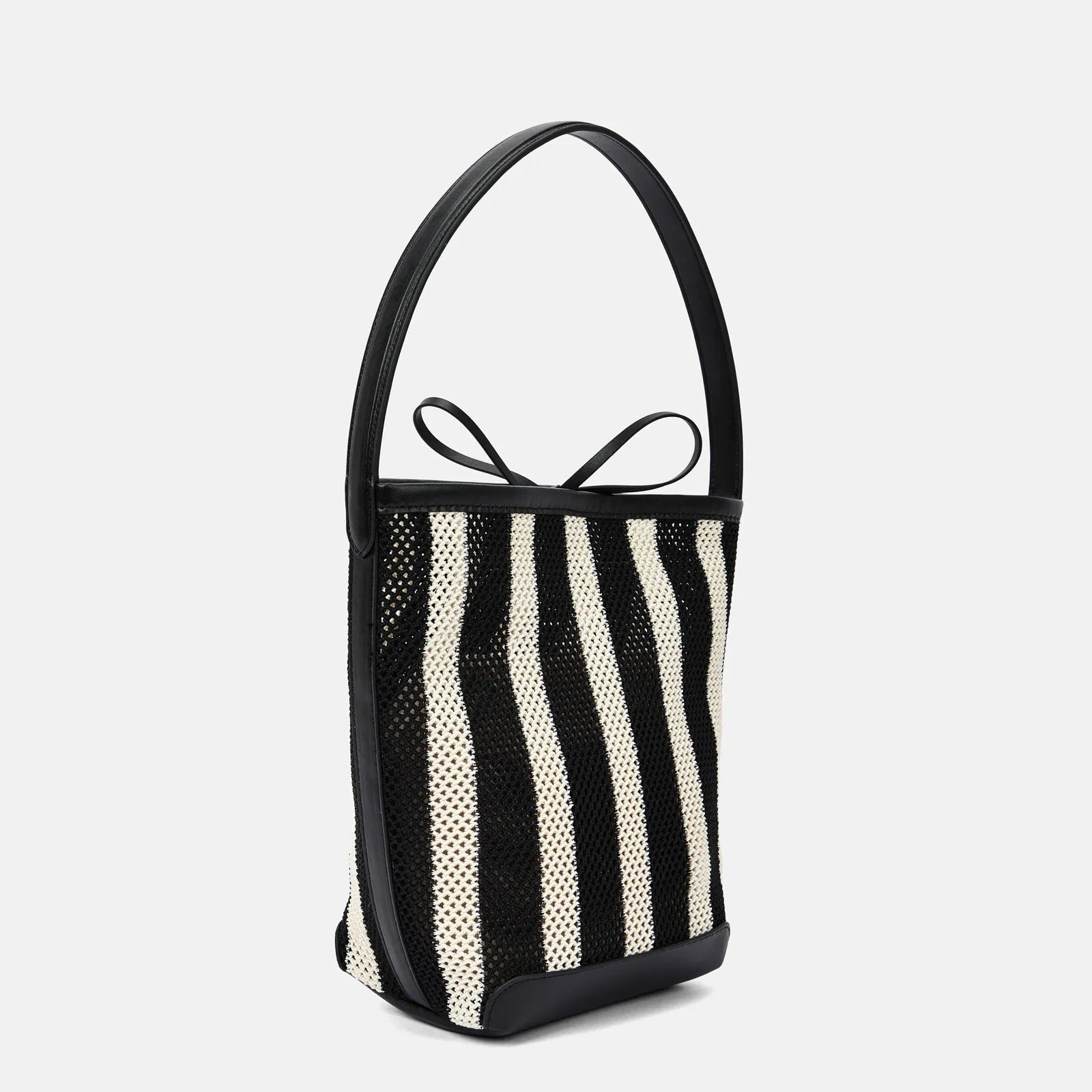 Black and white striped woven fabric women's bucket shoulder bag showing dimensions