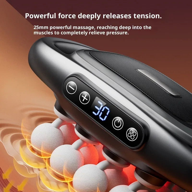 Black multi-head muscle relaxation massager with LED screen for calf back and waist, showing 16 heads