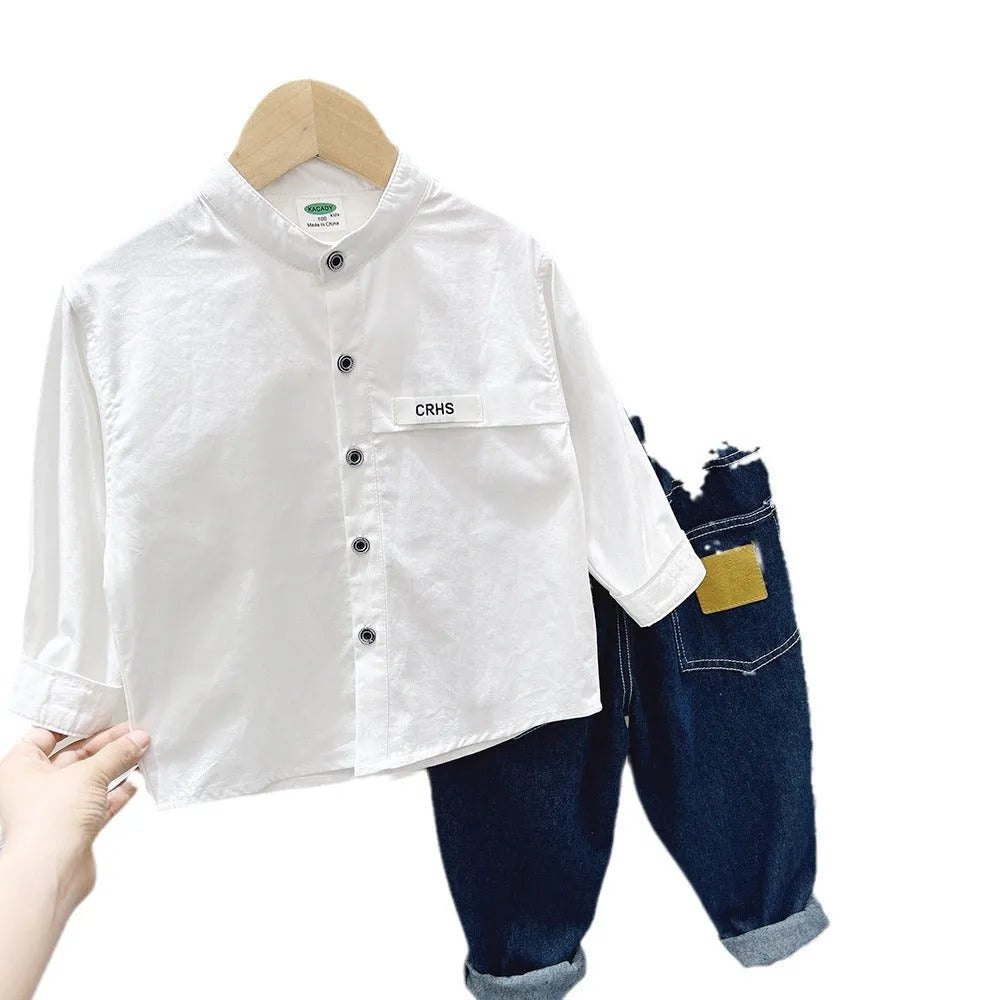 Boys casual solid colour long-sleeved cotton shirt in green, side view
