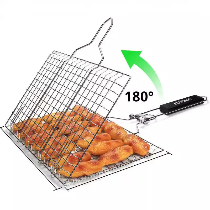 Stainless steel square folding barbecue mesh basket with a cleaning brush.