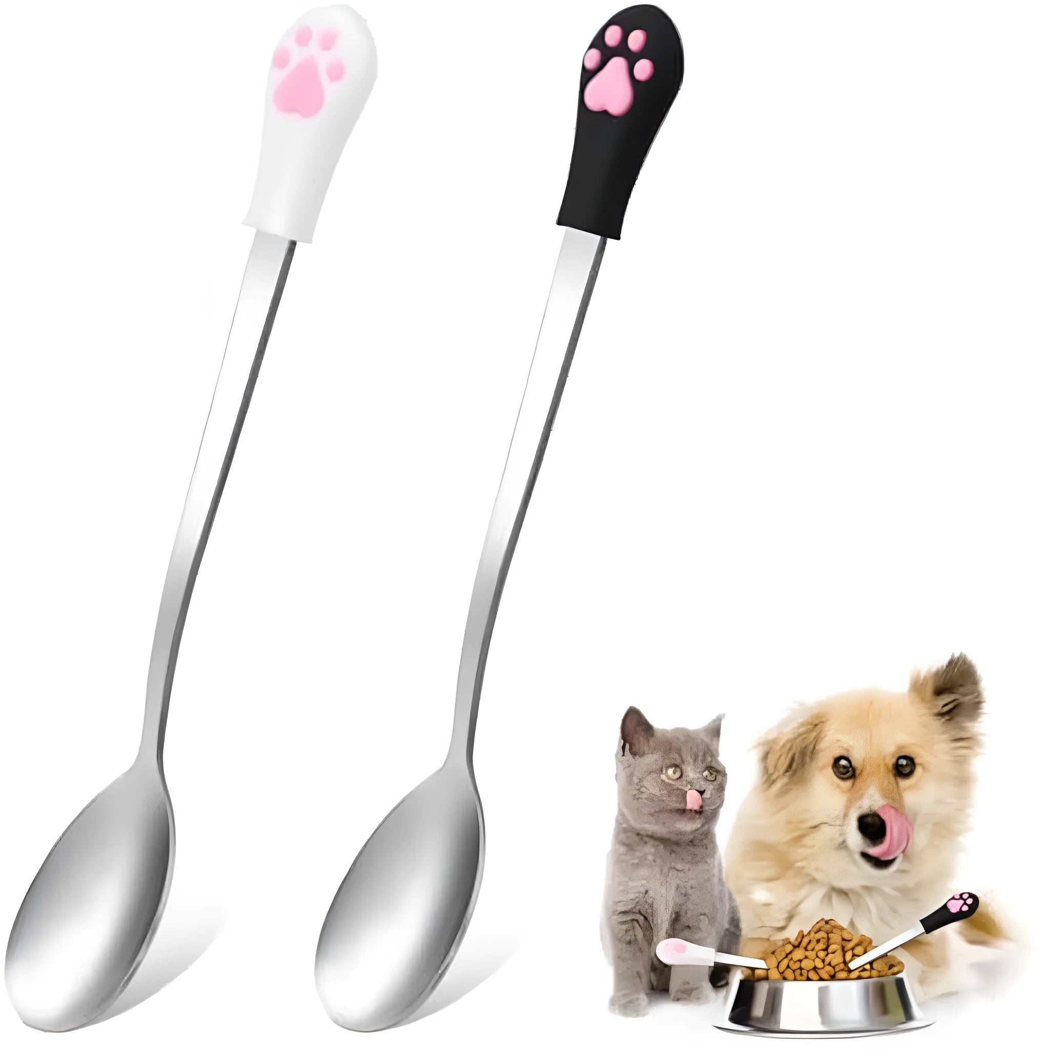 White and black pet food spoons with stainless steel heads and silicone handles showing cat paw design