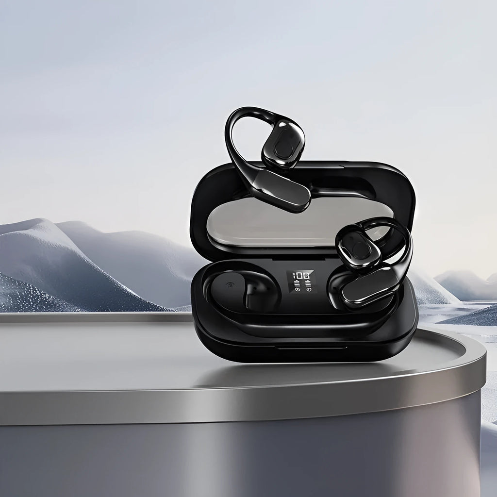 T23 Black wireless Bluetooth translation headphones with open noise reduction, touch operation, and storage bin