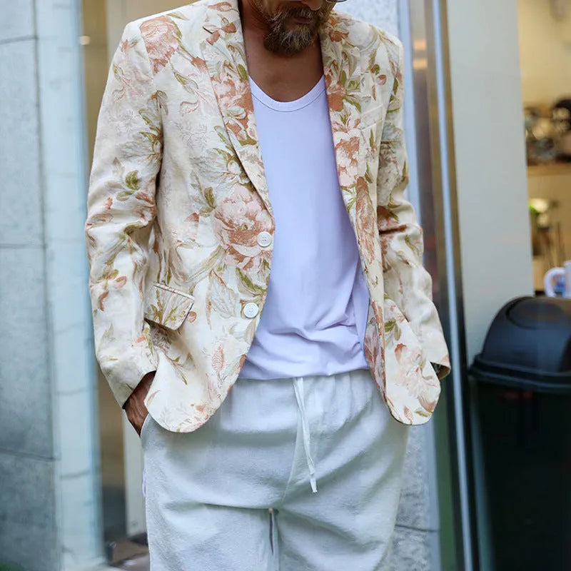 Men's casual white printed long sleeve polyester top on a hanger