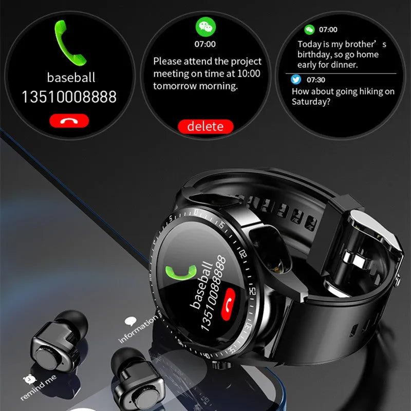 Black smart watch with stainless steel case, round dial, and separate smart bracelet call functionality
