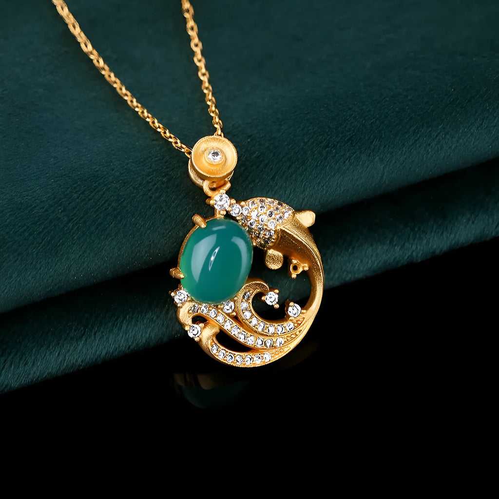Gold-plated retro koi fish necklace with mixed gem inlay on adjustable 41cm-50cm chain