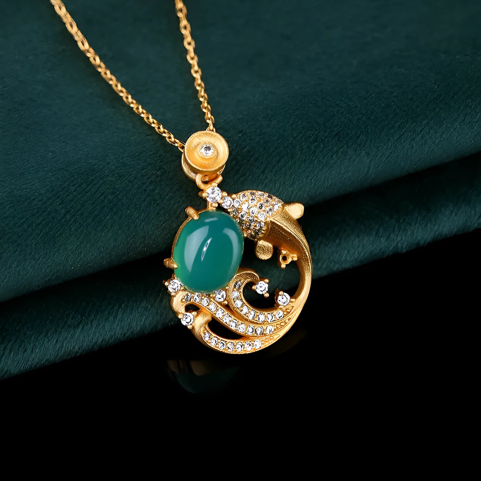Gold-plated retro koi fish necklace with mixed gem inlay on adjustable 41cm-50cm chain