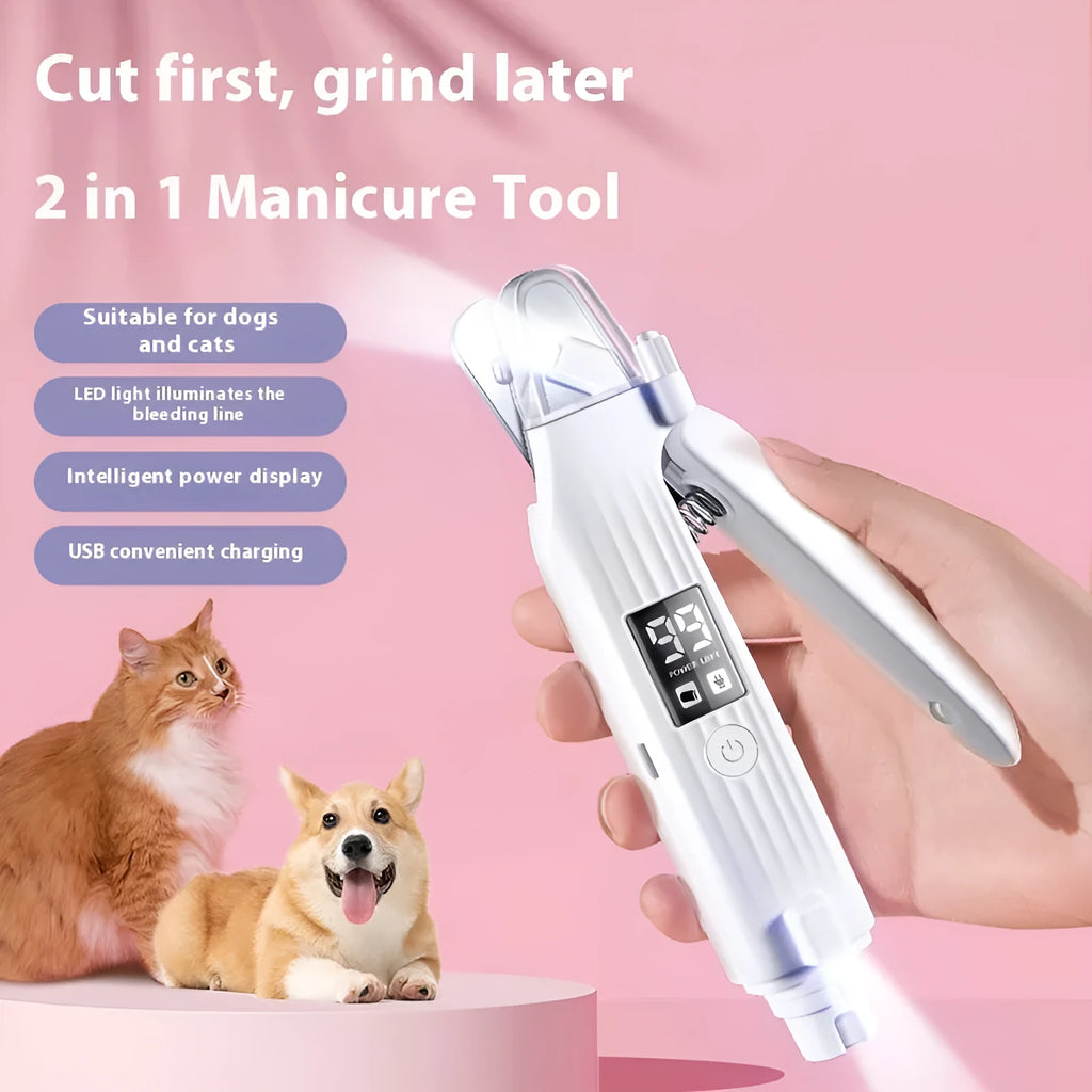 HZ8 White specification USB rechargeable dog nail clipper and grinder on a white background