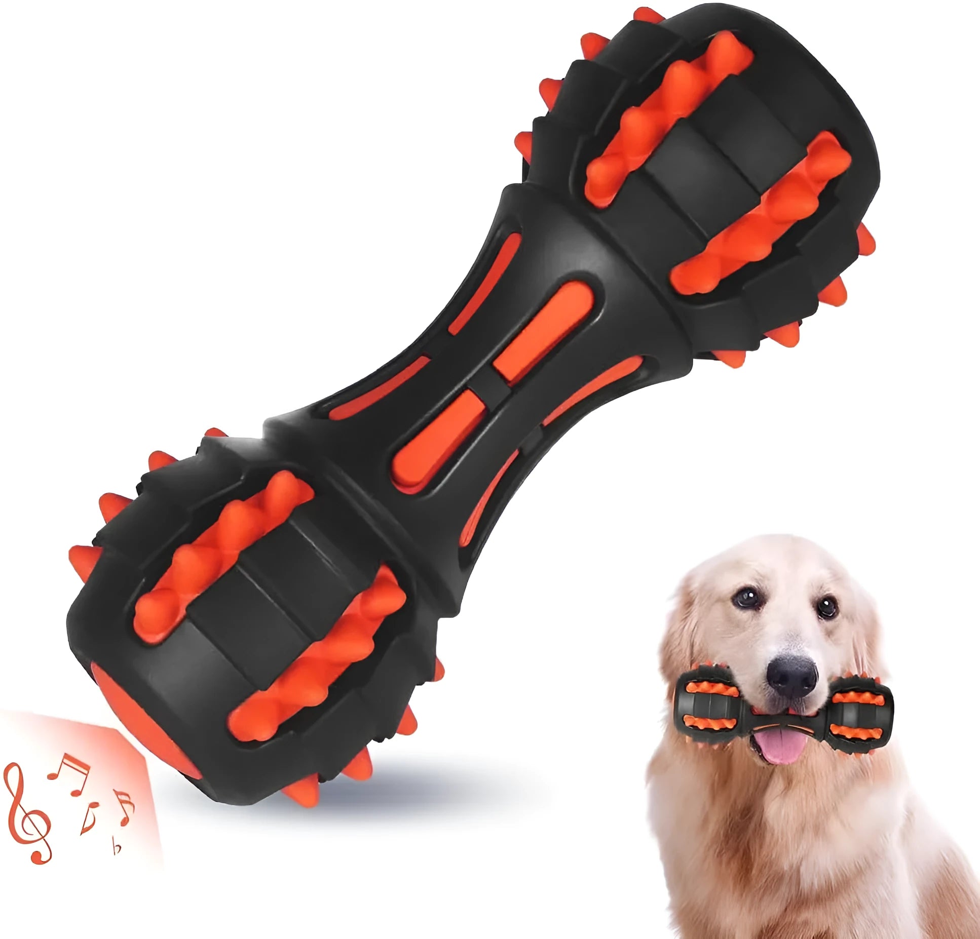 Red dumbbell-shaped dog chew toy made of durable natural rubber with a squeaker inside.