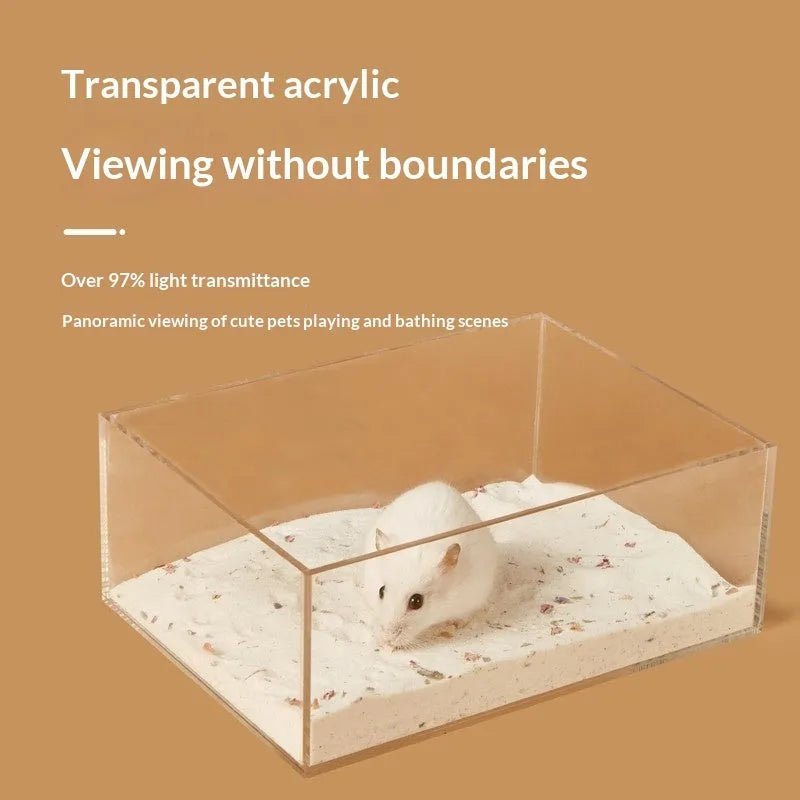 Transparent PET hamster sandbox with solid pine wood cover in rectangle shape for small pet cage toilet use