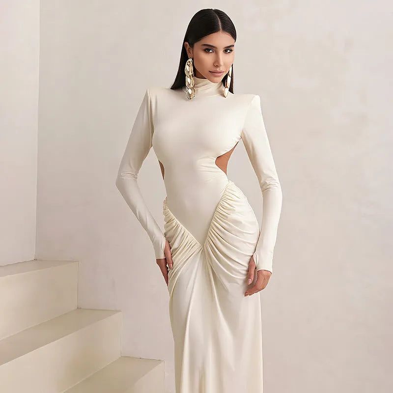 Women's backless high collar long sleeve slim fit pleated dress in solid colours