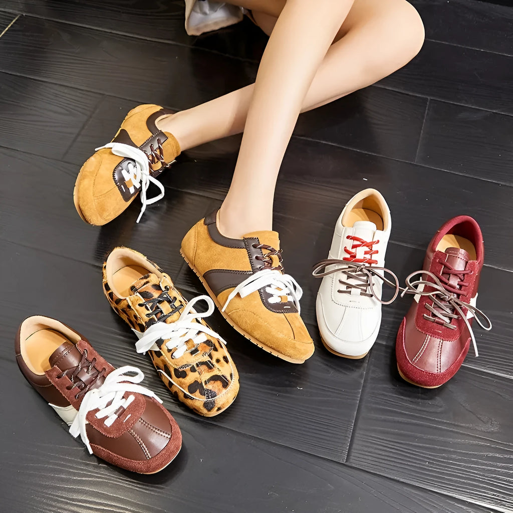 Women's white casual shoes with horsehair flocking texture, round toe and flat heel with lace-up front
