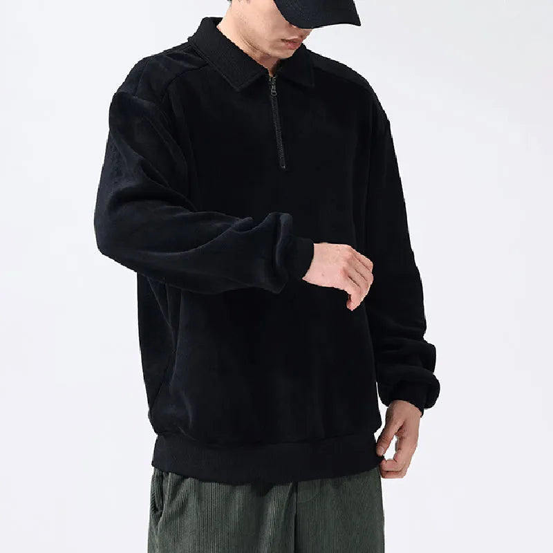 Men's fleece half-zip hoodie in Haze Green, long sleeve winter top with hood and full zip front