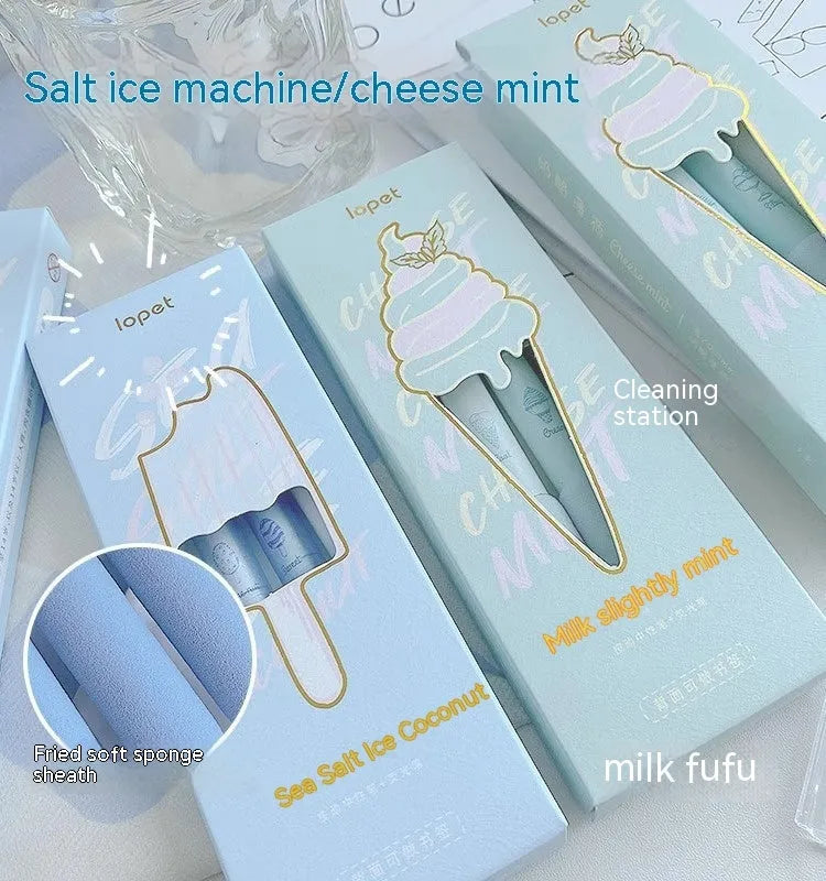 Four double-headed highlighter pens with plastic shells and sponge pressers in cheese mint and sea salt ice cup colours.