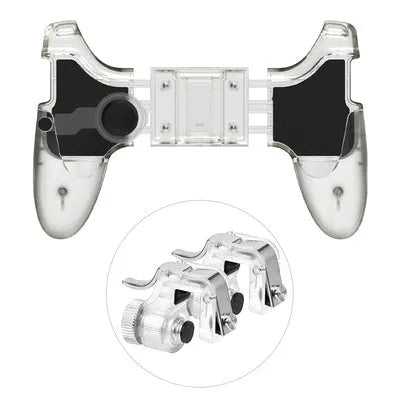 Black plug-in mobile phone gamepad with ergonomic handles and adjustable clamp holding a smartphone