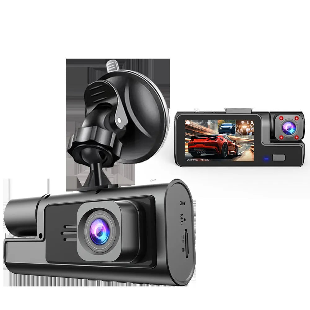 Black car dash cam with 2-inch screen mounted on windscreen, showing live reversing camera feed.
