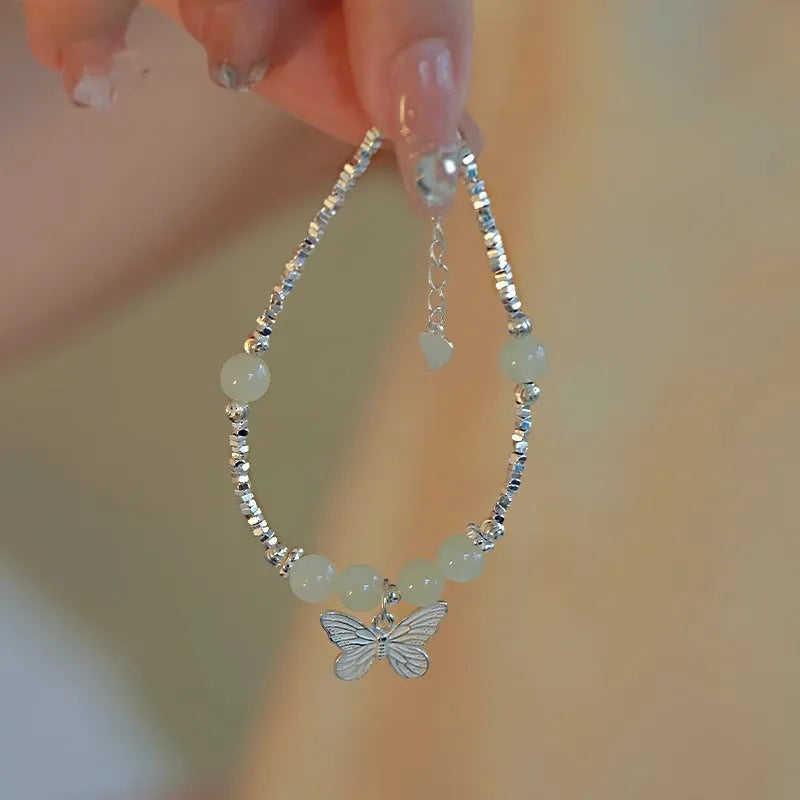 Hetian jade silver butterfly bracelet and necklace set for women with electroplated copper construction