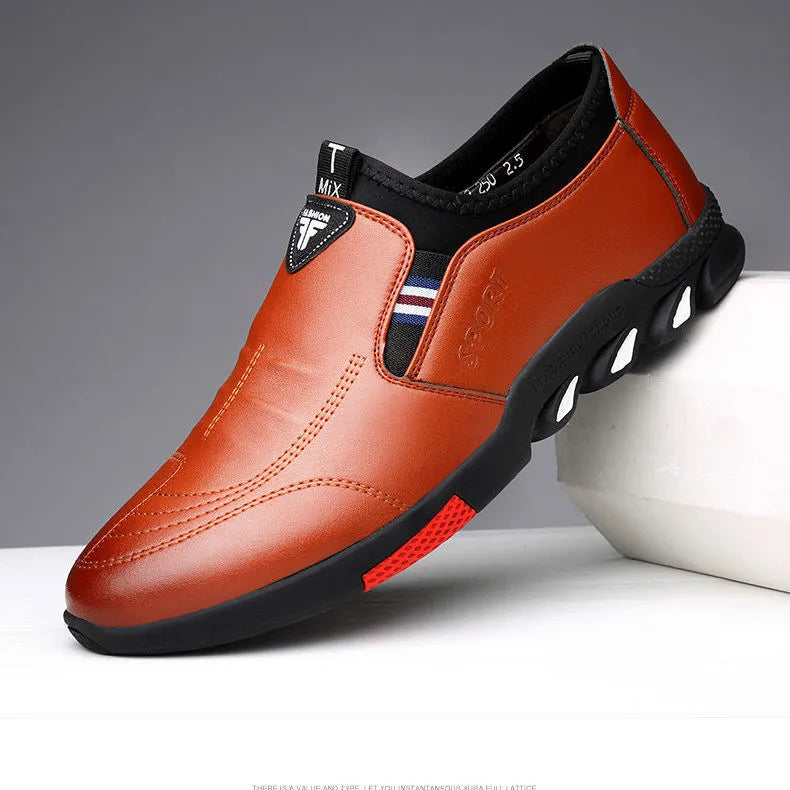Men's black and brown PU leather business shoes with flat heel and plain toe design