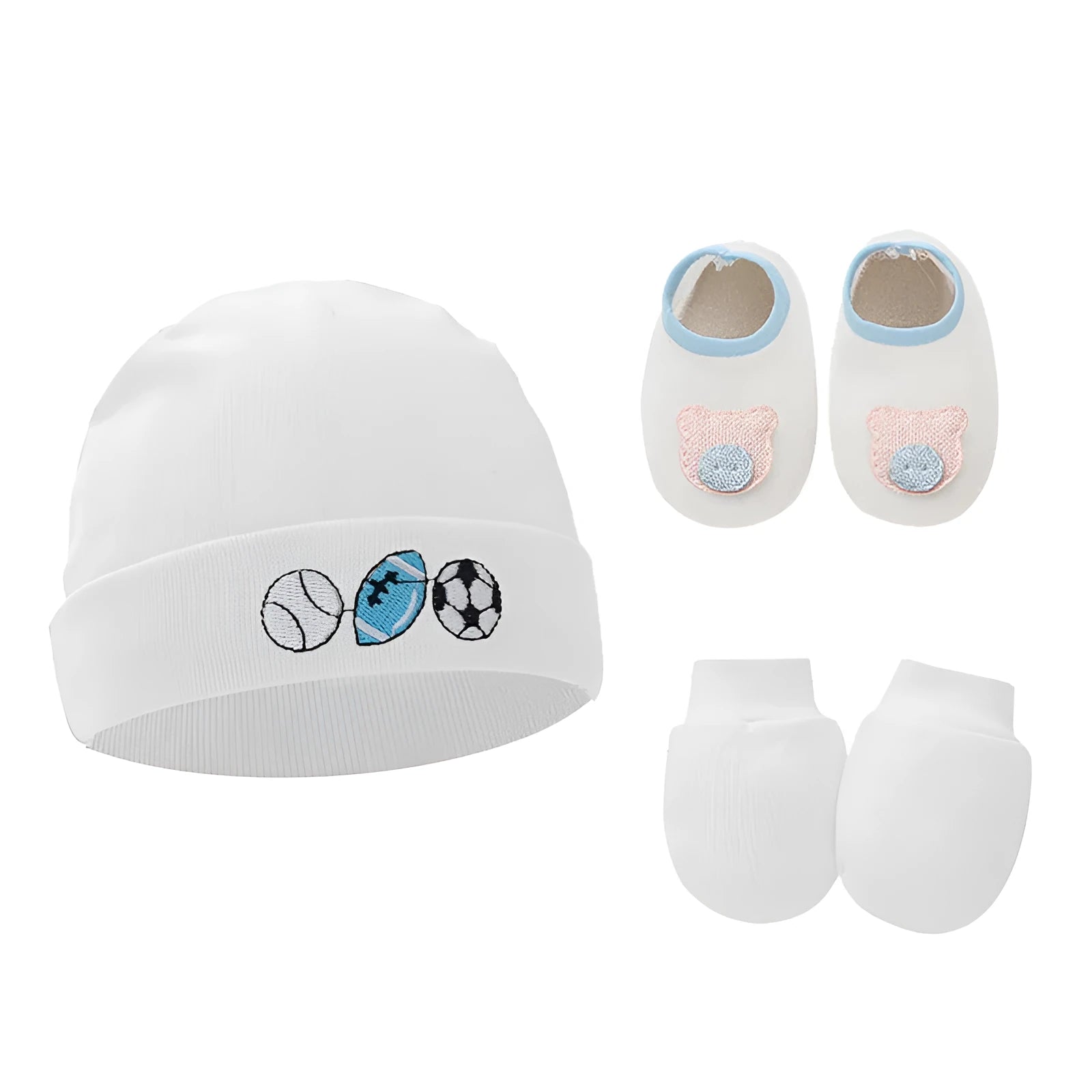 Set of white, light blue, and grey cotton baby pullover caps, gloves, and foot covers for infants.