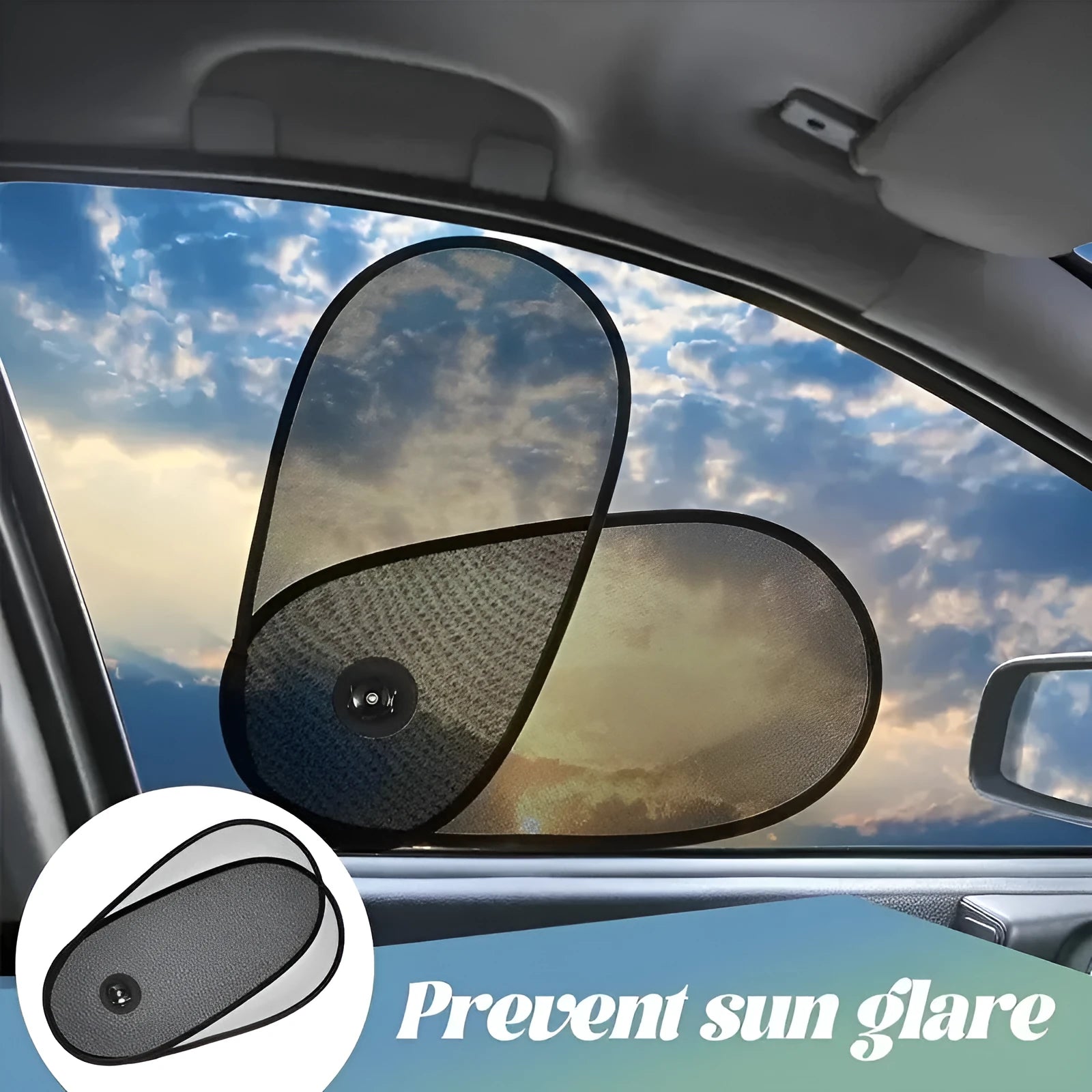 Black stretchy car window shade with suction cups attached to a car side window.