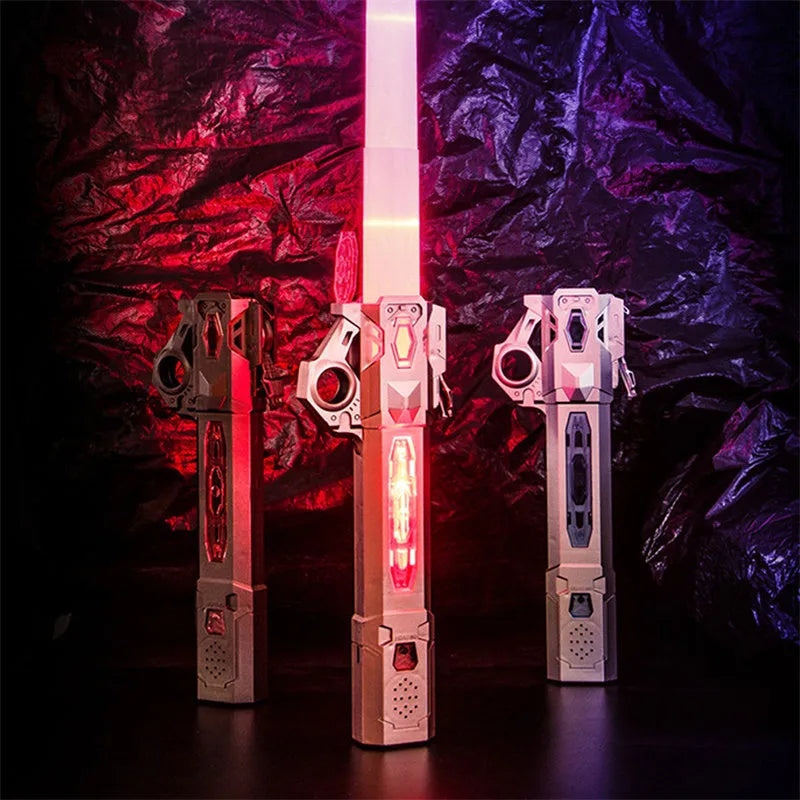 7 colour RGB retractable laser sword lightsaber toy with frosted handle on a dark background