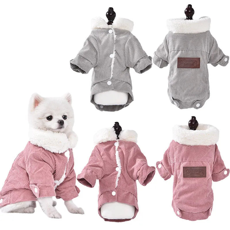 A grey lambswool-lined padded vest for dogs, shown on a mannequin, for winter warmth.