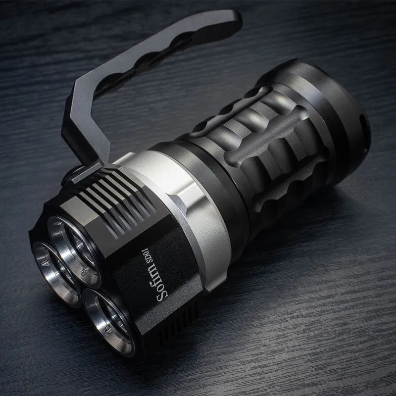 Aluminium alloy super bright diving flashlight with waterproof housing on dark background