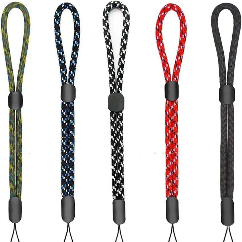 Adjustable round woven mobile phone lanyard in pink, white, and black colours
