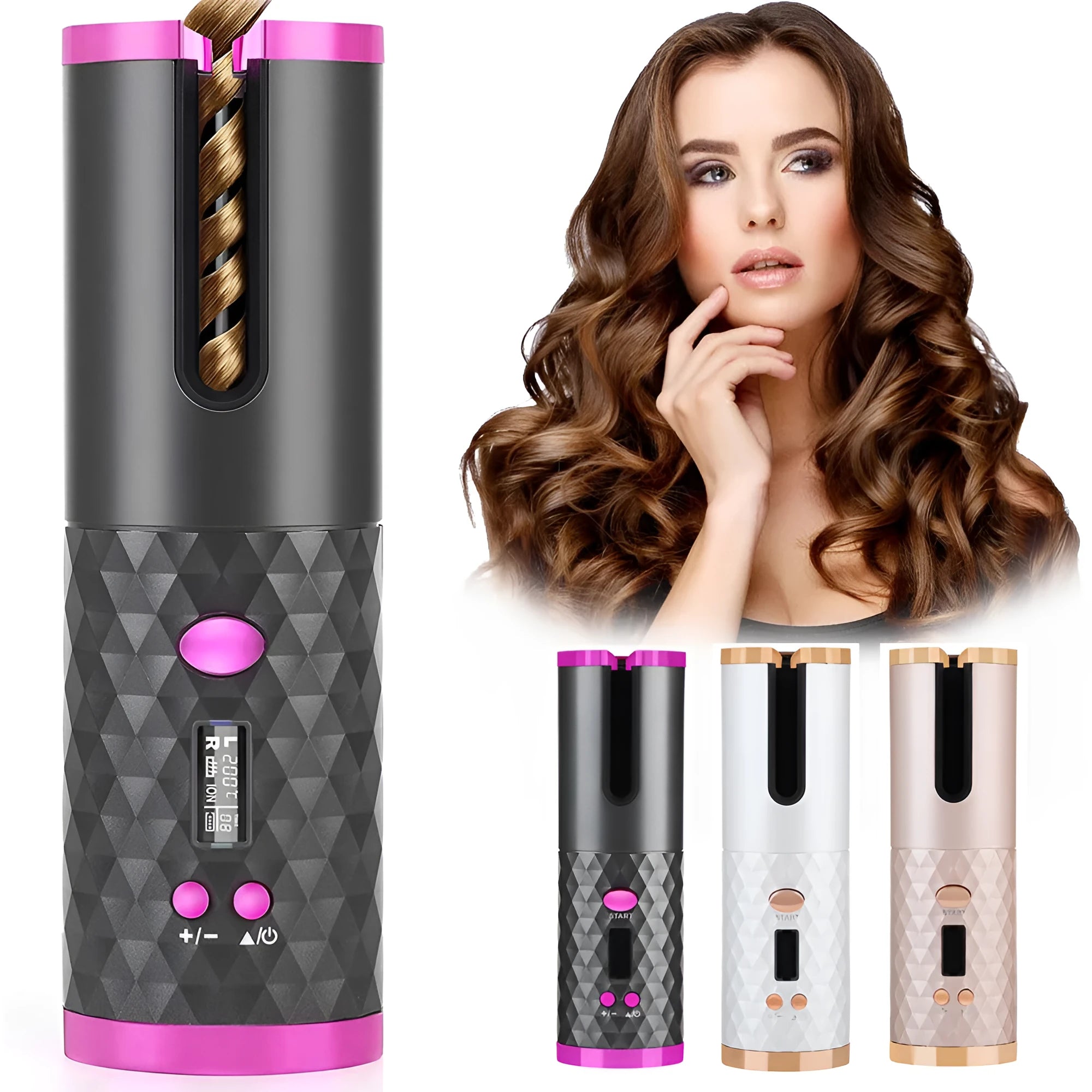 Pink rechargeable automatic hair curler with LCD screen and rotating ceramic barrel on a white background.