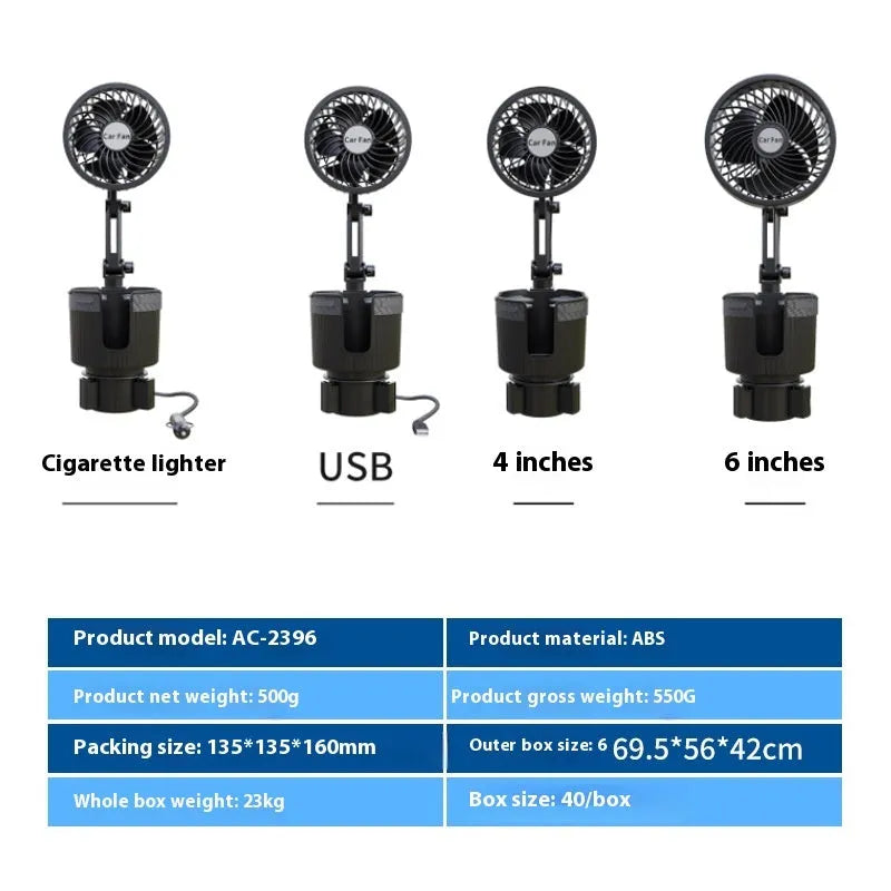 ABS plastic car fan sitting in a vehicle cup holder